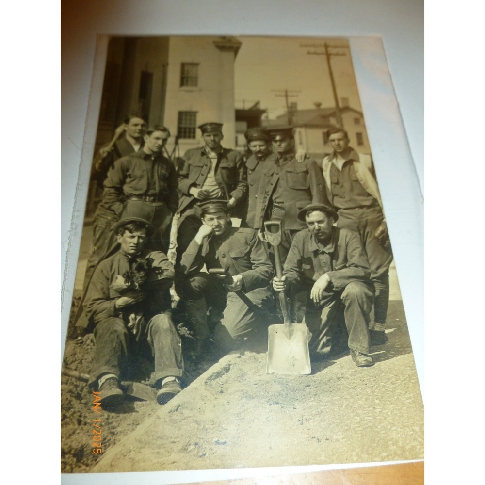 1914-1918 WWI Military Soldiers With Dog And Shovel Sepia RPPC